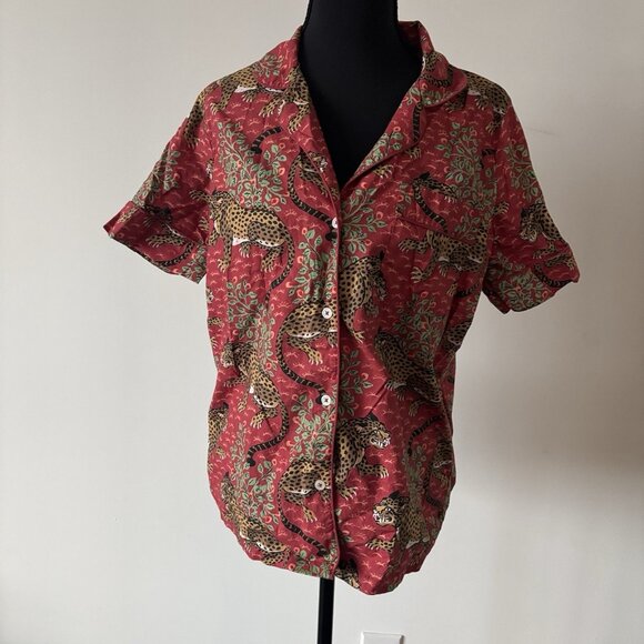 Print Fresh Pajama PJ Shirt Top Sz Small Short Sleeve Leopard Print Boho Cotton - Picture 2 of 12